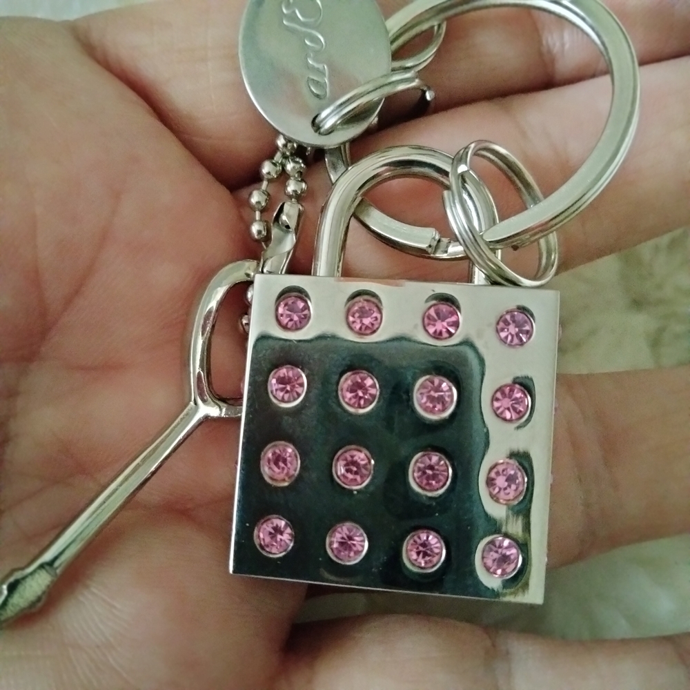 Silver Padlock Keychain with Pink Accents